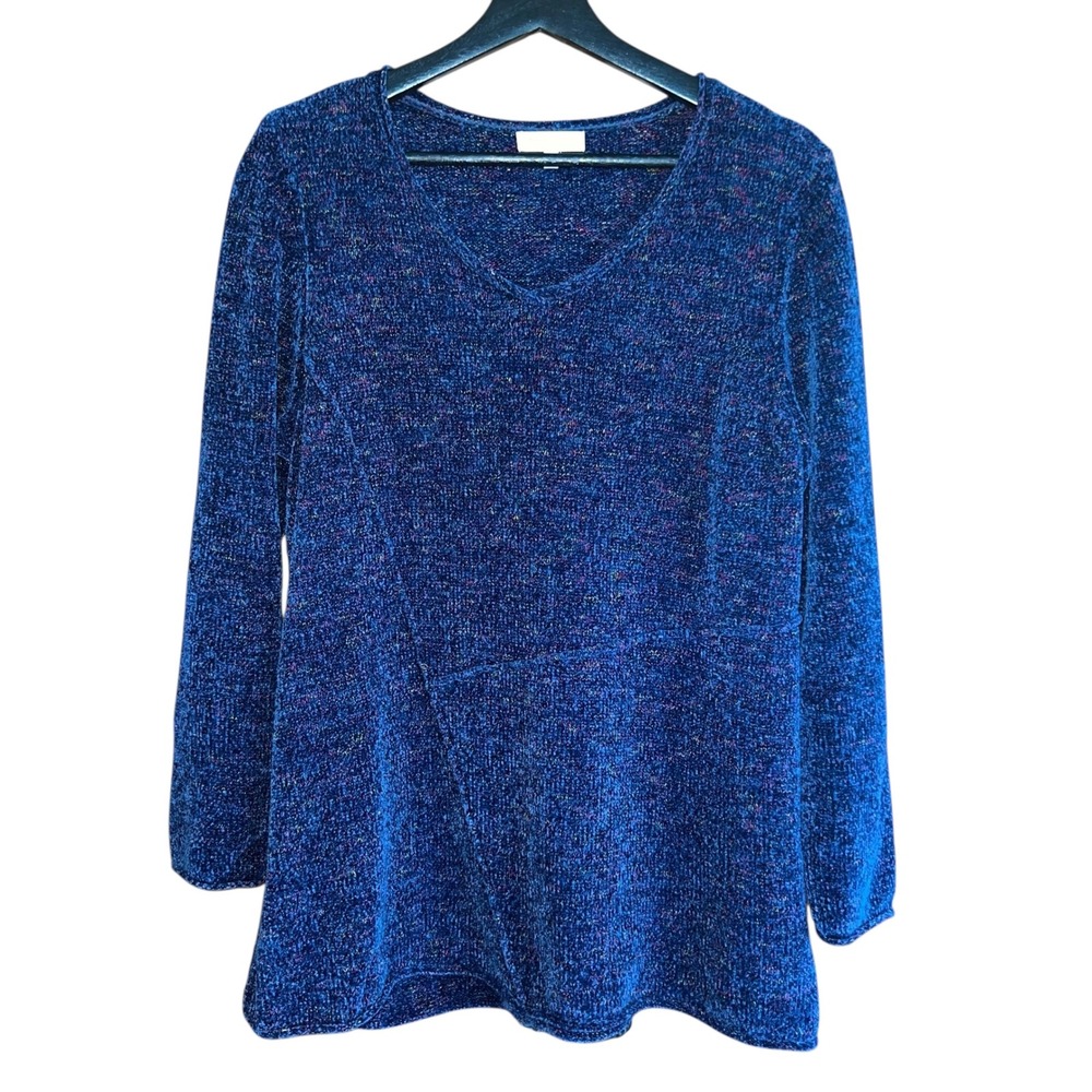 Habitat Blue Chenille Tunic Top Long Sleeve V Neck Knit Pullover Sweater L